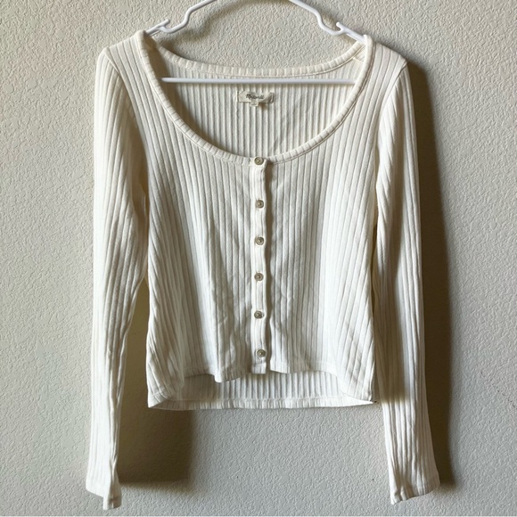 Madewell Sweaters - Madewell Cream Ribbed Form Fitting Scoop Neck Button Down Long Sleeve Cardigan L